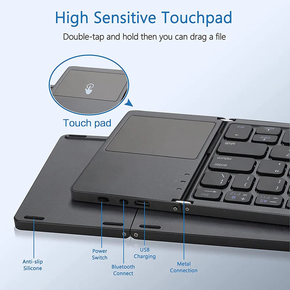 New Portable Mini Three Folding Bluetooth Keyboard Wireless Foldable Touchpad Keypad